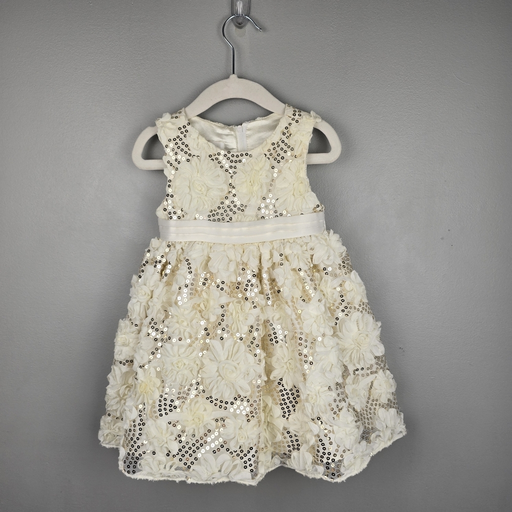 American Princess Ivory Gold Sequin Floral Dress  Baby Girl Sz 24M Formal Party